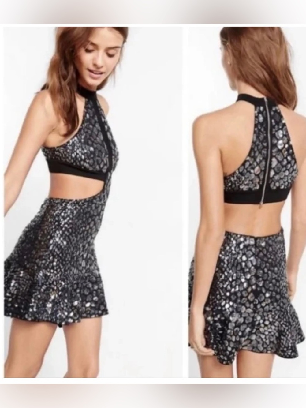 Express Black Sequin Halter Dress NWT